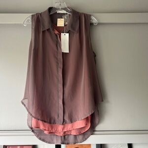 NWT LUSH Sheer Layered Sleeveless Button Up Hi-Lo Hem Boutique Blouse Top L